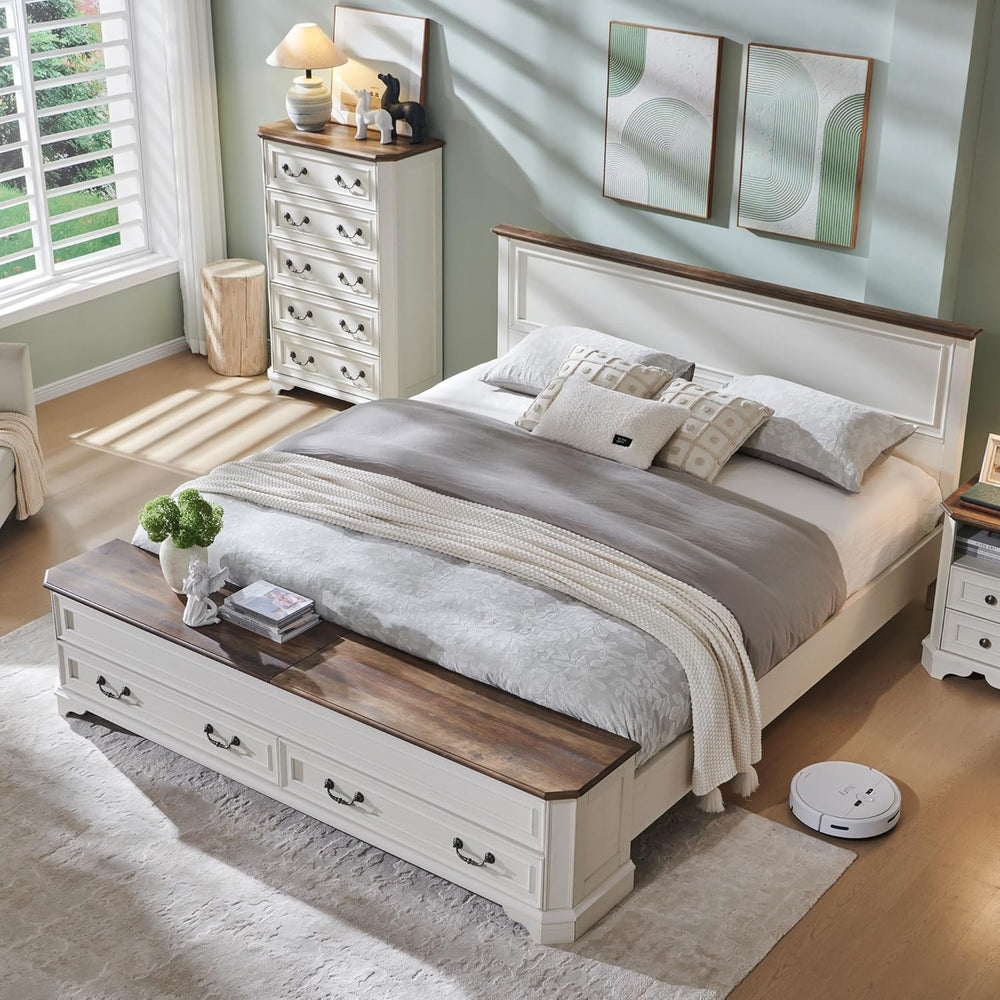 T4TREAM Farmhouse King Bed with Headboard and Storage Bench, Antique White