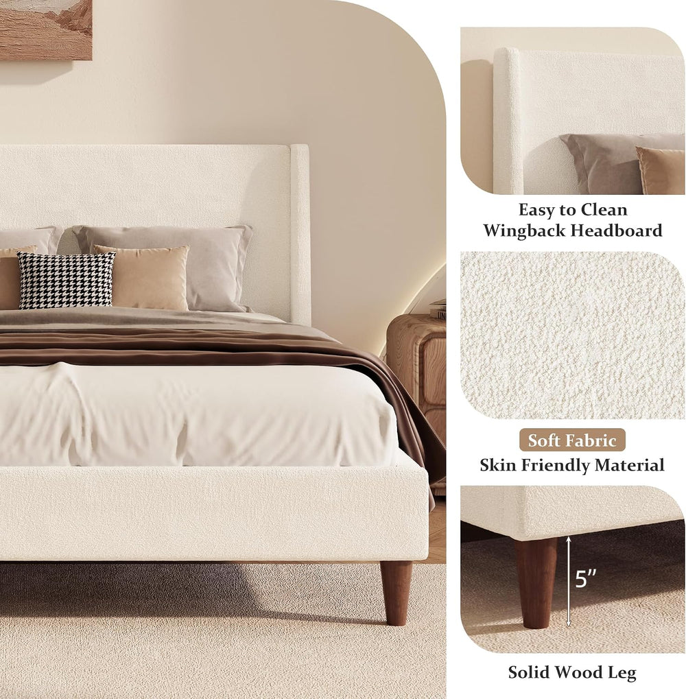 Modern Boucle Upholstered Platform Bed, with Wingback Headboard and Walnut Wo...