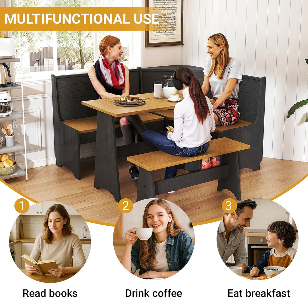 Breakfast Nook Set 3-4 Seat L-Shaped with Hidden Storage - Space Saving Corne...
