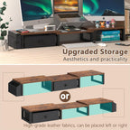 LAND·VOI Heavy Duty Dual Monitor Stand, Holds 2 Screens Up to 27 Inches, Adjustable Length and Angle Monitor Riser, Desk Organizer with Side Pockets and Drawers, Home Office Desk Storage, Rustic Brown