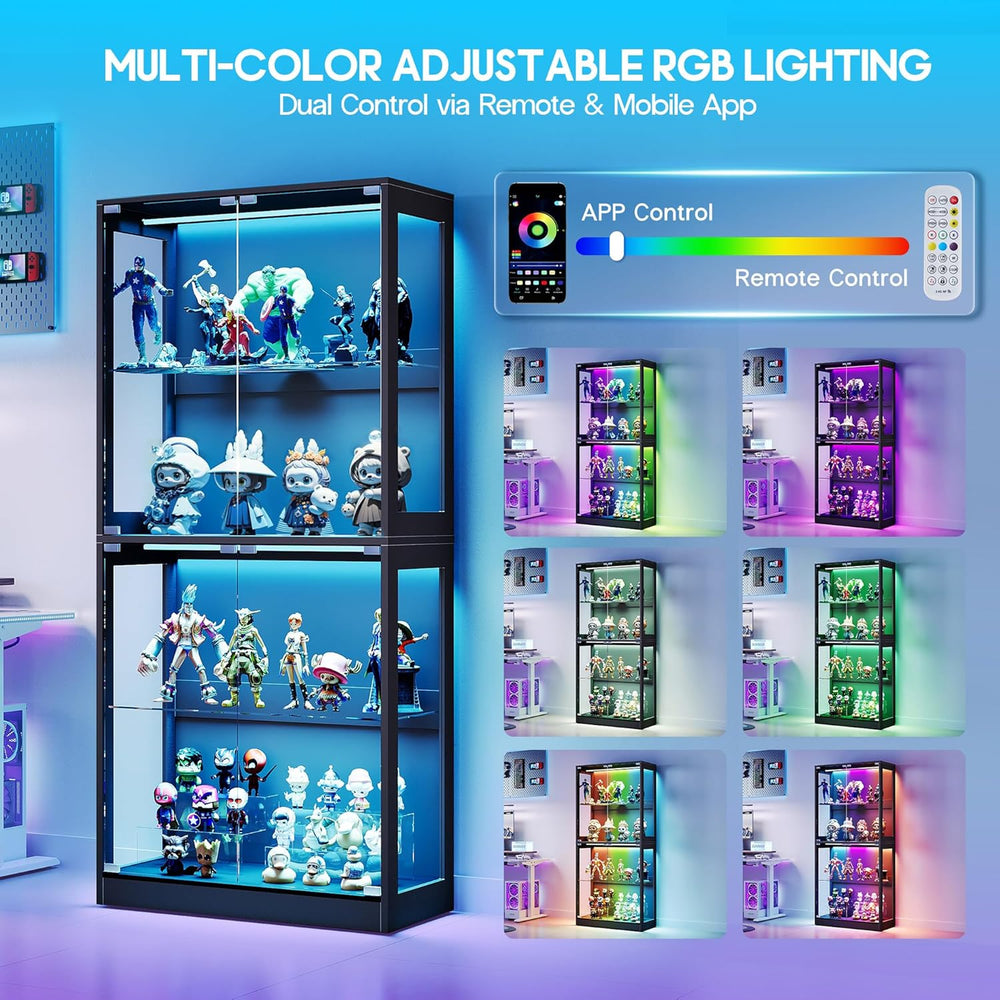 AMERLIFE RGB Display Cabinet with Adjustable Glass Shelves, 4-Tier Storage Ca...