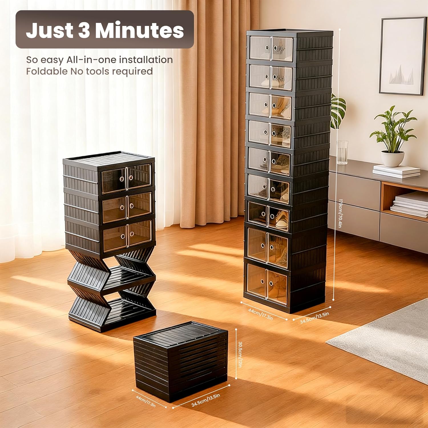 Foldable Shoe Organizer Storage Box Set of 2, Portable Extra Large Folding Shoe Rack for Closet, Shoe Storage Box with Magnetic Transparent Door and Wheels, 9 Layers 18 Grids with 4 Big Grids