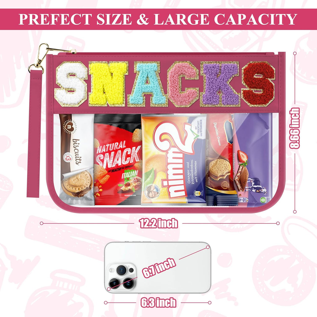 Snack Bag for Travel & Makeup - Clear Chenille Letter Zipper Pouch, Waterproof Cosmetic Tote Bag for Women & Girls (Red)