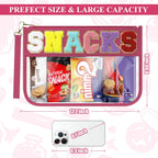Snack Bag for Travel & Makeup - Clear Chenille Letter Zipper Pouch, Waterproof Cosmetic Tote Bag for Women & Girls (Red)