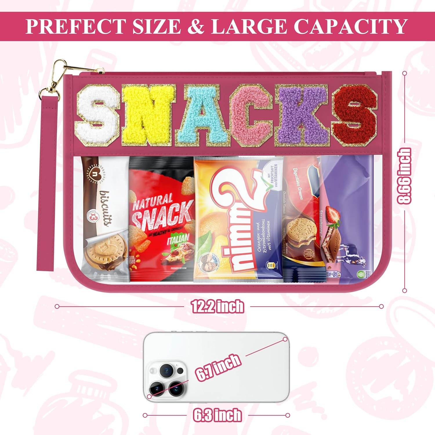 Snack Bag for Travel & Makeup - Clear Chenille Letter Zipper Pouch, Waterproof Cosmetic Tote Bag for Women & Girls (Red)