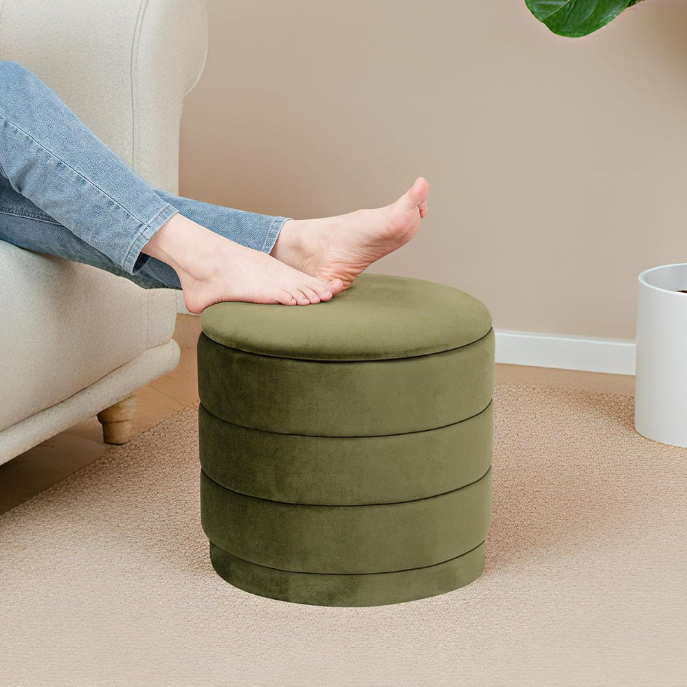 15.4" Round Velvet Storage Ottoman with Reversible Lid, Upholstered Circ...
