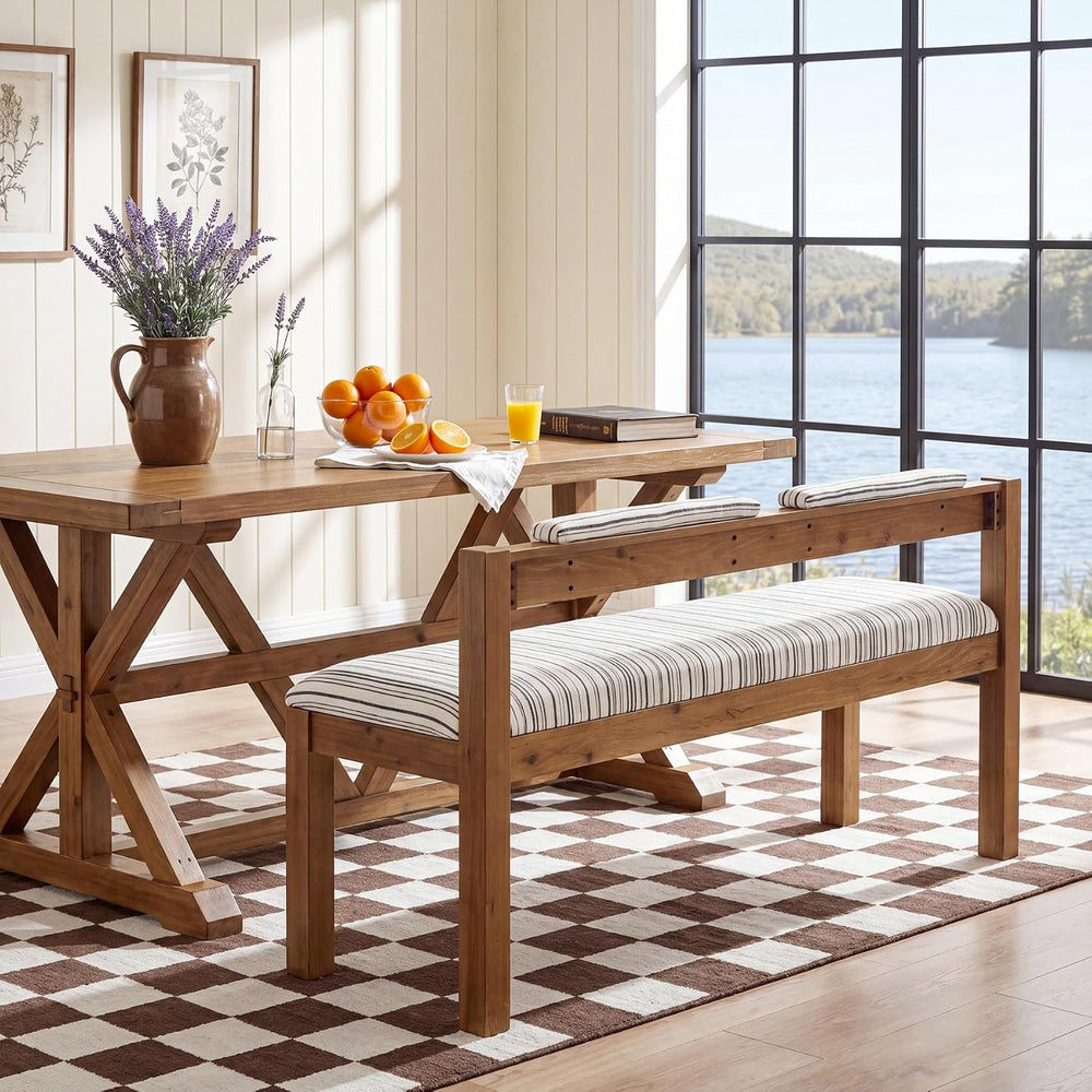 Wood Dining Bench, 55" Upholstered Kitchen Bench with Backrest | Farmhou...