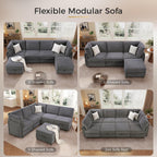 KKL Modular Sectional Sofa U-Shaped 6 Seater Couch with Storage Ottoman, Convertible L-Shaped Plush Wide-Wale Corduroy Couch for Living Room, Apartment, Modern Design, Gray