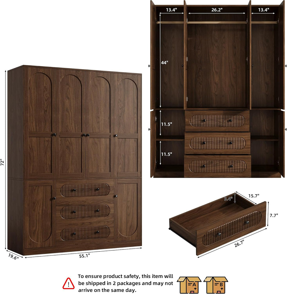 TOKSOM 4 Doors Freestanding Armoire Wardrobe Closet, 72" Walnut Wardrobe...