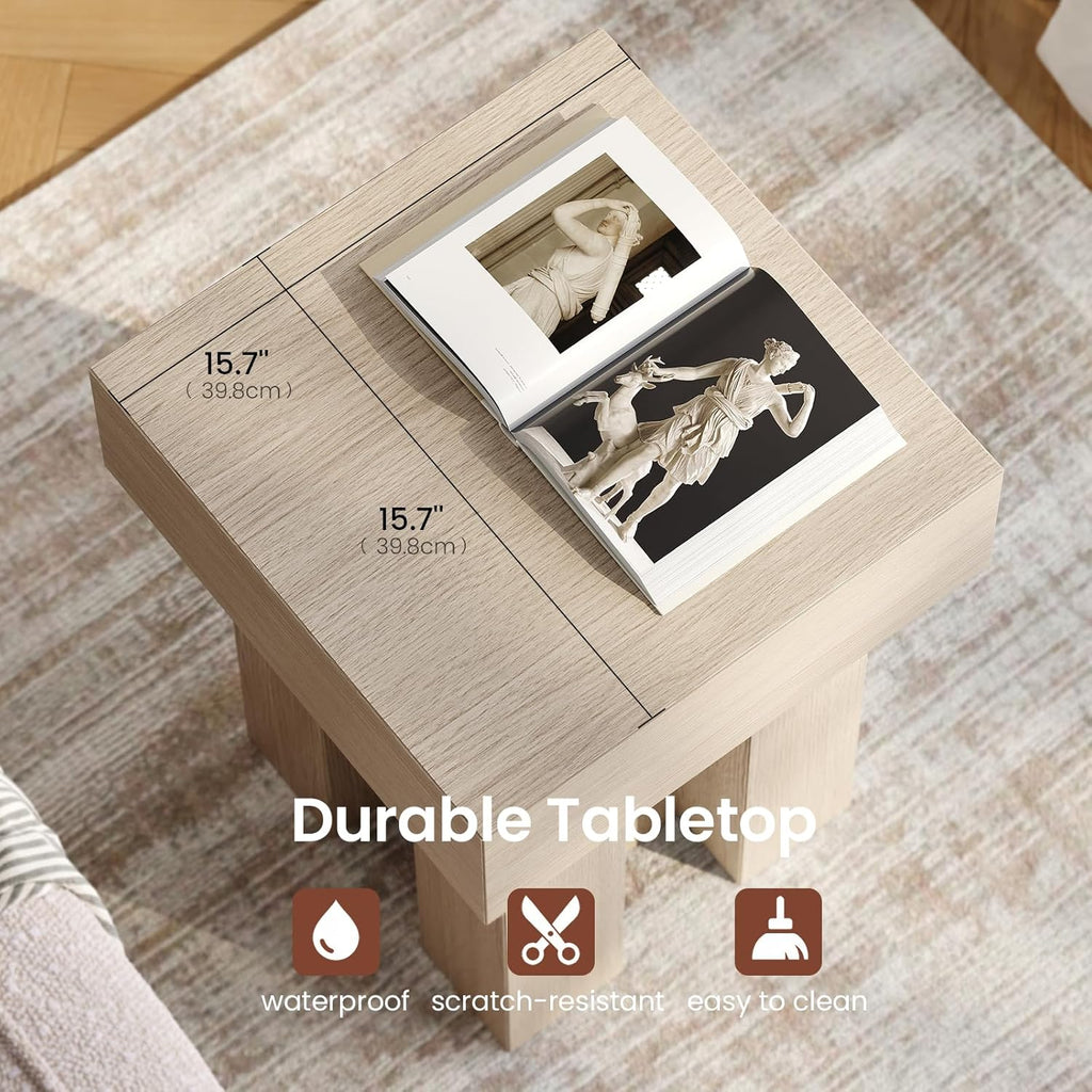 ModernMate Wood End Table, 15.7'' Modern Square Side Table with Pedestal Base, Oak Nightstand Thick Design for Living Room, Bedroom, Sofa, Couch, Beside Bed, White Oak Gray