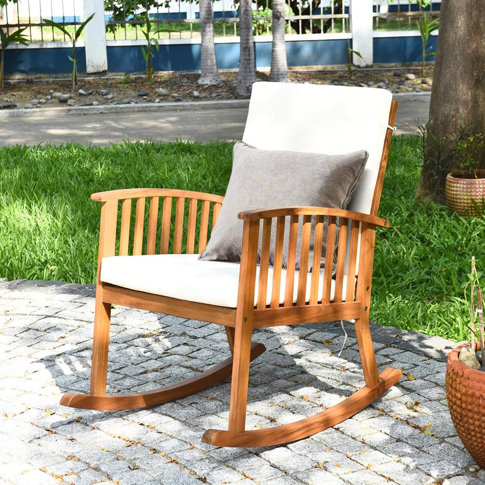 Tangkula 2 PCS Outdoor Acacia Wood Rocking Chair, Wooden Rocker w/Detachable ...