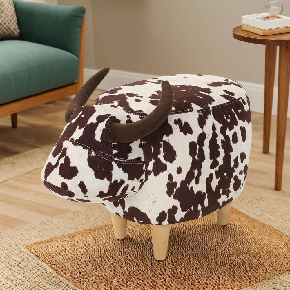Modern Footstool, Cow-Shaped Ottoman with Birch Legs Cute Velvet Foot Rest fo...