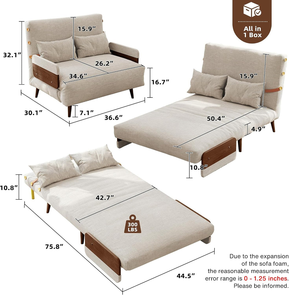 JASIWAY 3-in-1 Convertible Sleeper Chair, 37" Sofa Bed with Walnut Armrest