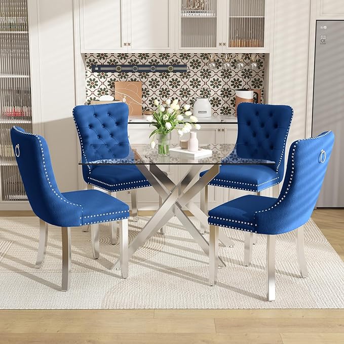51 Inch Glass Dining Table Set for 4, Rectangular Glass Kitchen Table with 4 Upholstered Velvet Accent Chairs, 5 Piece Modern Dining Room Set, for Home, Apartment, Small Spaces - Blue Silver