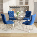 51 Inch Glass Dining Table Set for 4, Rectangular Glass Kitchen Table with 4 Upholstered Velvet Accent Chairs, 5 Piece Modern Dining Room Set, for Home, Apartment, Small Spaces - Blue Silver
