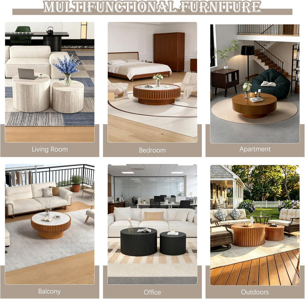 Modern Nesting Coffee Table Set of 2 Round Travertine Finish Nesting Tables S...