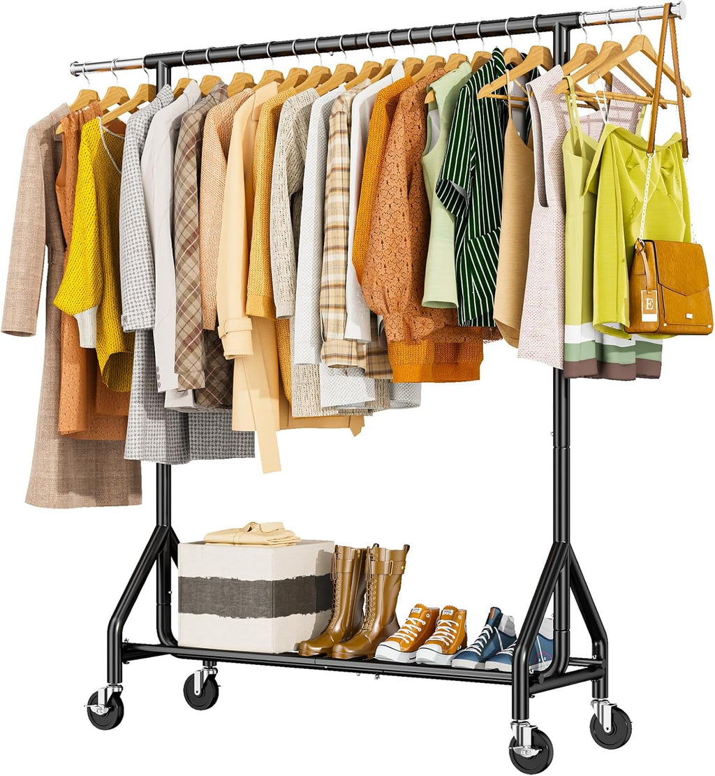 Heavy Duty Clothes Rack Load 450 LBS, Metal Garment Rack, Standing Rolling Clothing Rack for Hanging Clothes with Sturdy Wheels & Shelves, Portable Closet Wardrobe Rack,Black