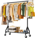Heavy Duty Clothes Rack Load 450 LBS, Metal Garment Rack, Standing Rolling Clothing Rack for Hanging Clothes with Sturdy Wheels & Shelves, Portable Closet Wardrobe Rack,Black