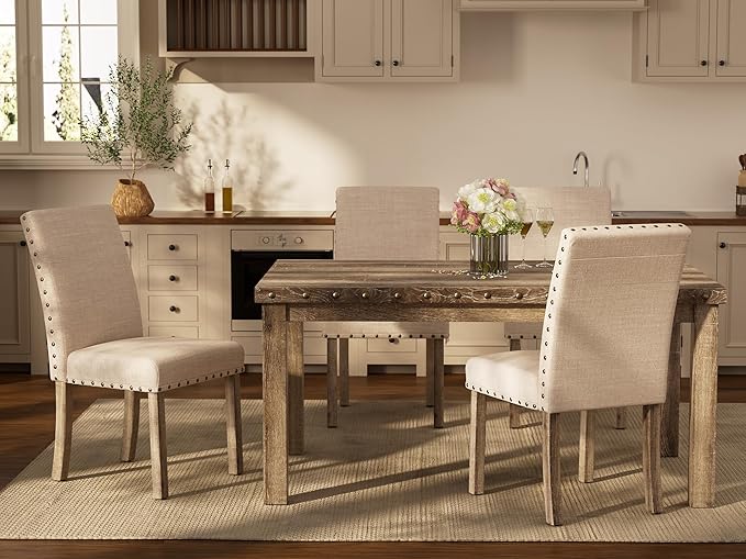 Morden Fort Farmhouse Style Dining Chairs Set of 2, Rustic Upholstered Kitchen & Dining Room Chairs with Rivet Detailing, Solid Wood Legs & Sturdy Wooden Chair Design for Comfortable Seating