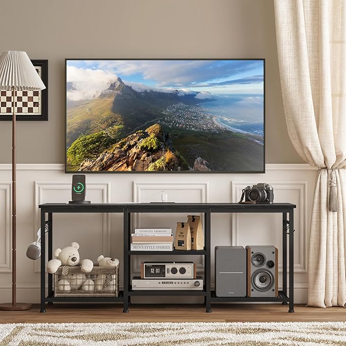 YGEOMER TV Stand for 55 Inch TV, Entertainment Center with Power Outlet and O...