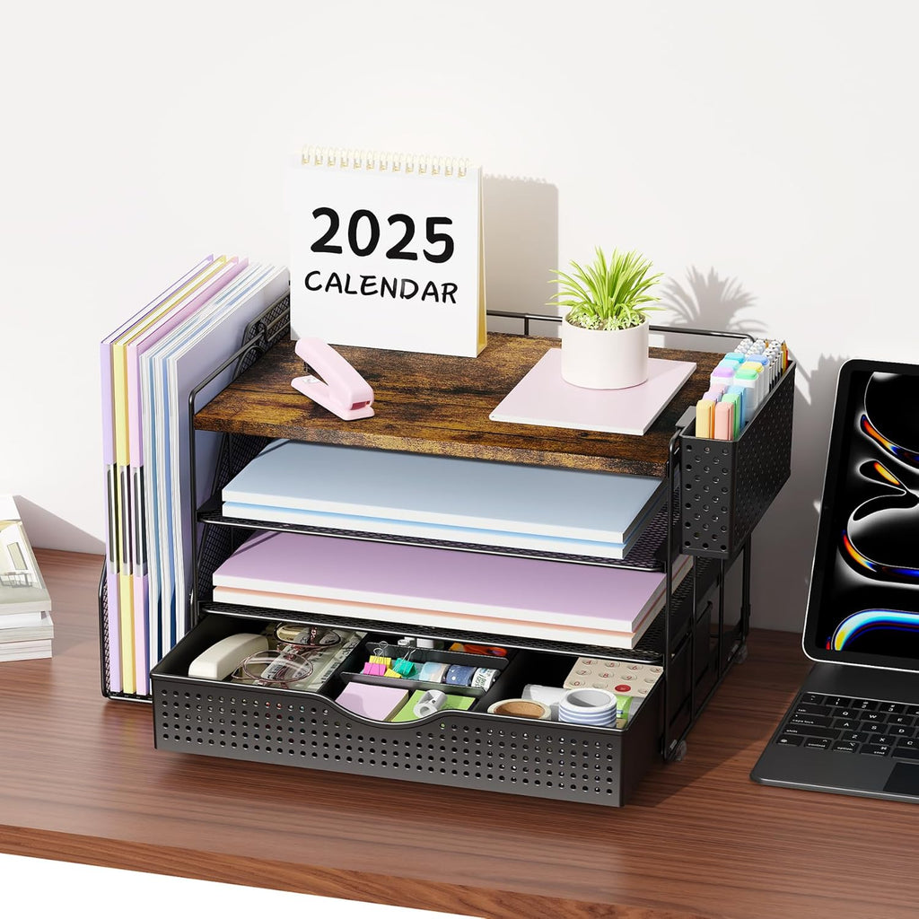 gianotter Wood Desk Organizers and Accessories with File Holder, 4-Tier Desk Accessories & Workspace Organizers with Drawer and Pen Holder, Paper Organizer for Office Supplies (Wood)