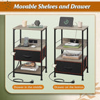 WLIVE LED Nightstand, Night Stand with Charger Station, Bedside Table with Fabric Drawer and Adjustable Open Shelves, Small End Side Tables for Bedroom, Grey