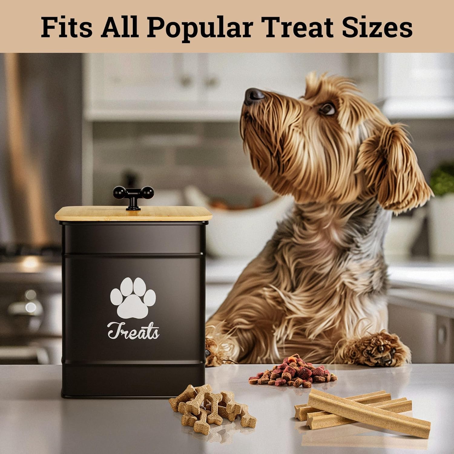 Dog Treat Container Airtight - 6 Inch Wide x 8 Inch Tall Iron Dog Treat Jar for Kitchen Counter with Airtight Bamboo Lid - 12 Cup Capacity Pet Treat Container - Doggie Cookie Jar - Big Treats Canister