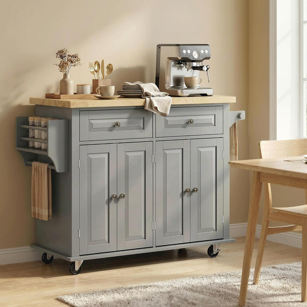 HOMCOM Kitchen Island Cart with Solid Wood Top 44" Mobile Gray | Kitchen Island Table, on Wheels, Storage Cabinets, 2 Drawers, Adjustable Shelves, Spice Rack & Towel Bar, for Dining Room