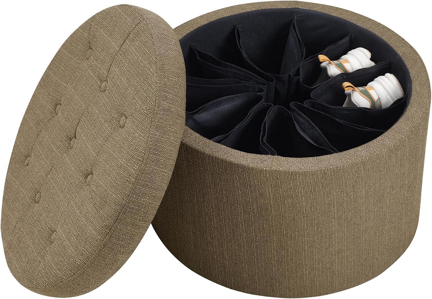 Convenience Concepts Designs4Comfort Round Shoe Ottoman 22" - Upholstered Footstool, Small Table, & Seat with Storage Compartment for Living Room, Entryway, Bedroom, Sandstone Fabric