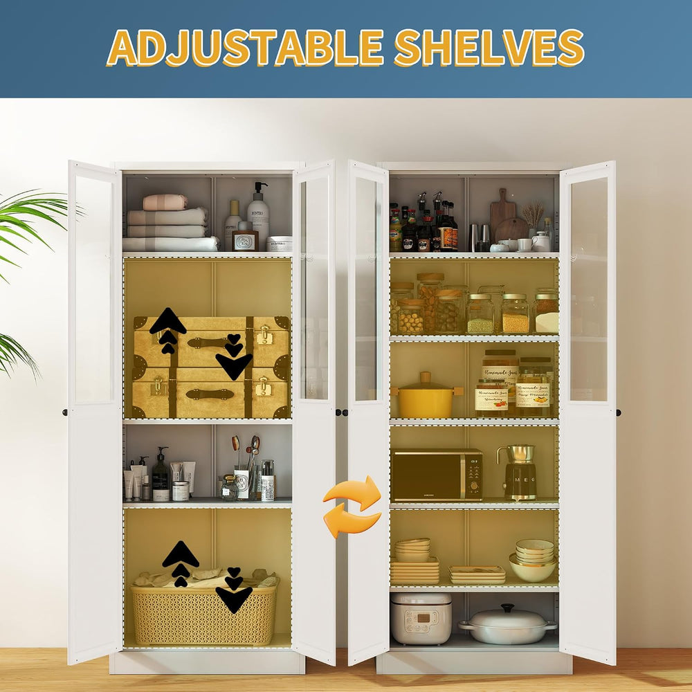 Kitchen Pantry Cabinet, 72" H Storage Cabinet with Glass Doors and Adjus...