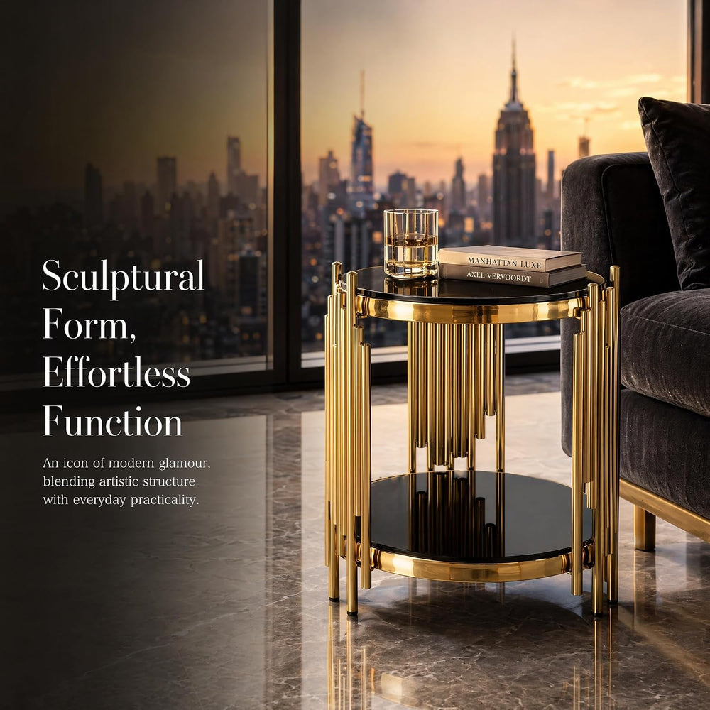 Modern Round End Table Gold Side Table with Glass Top Living Room