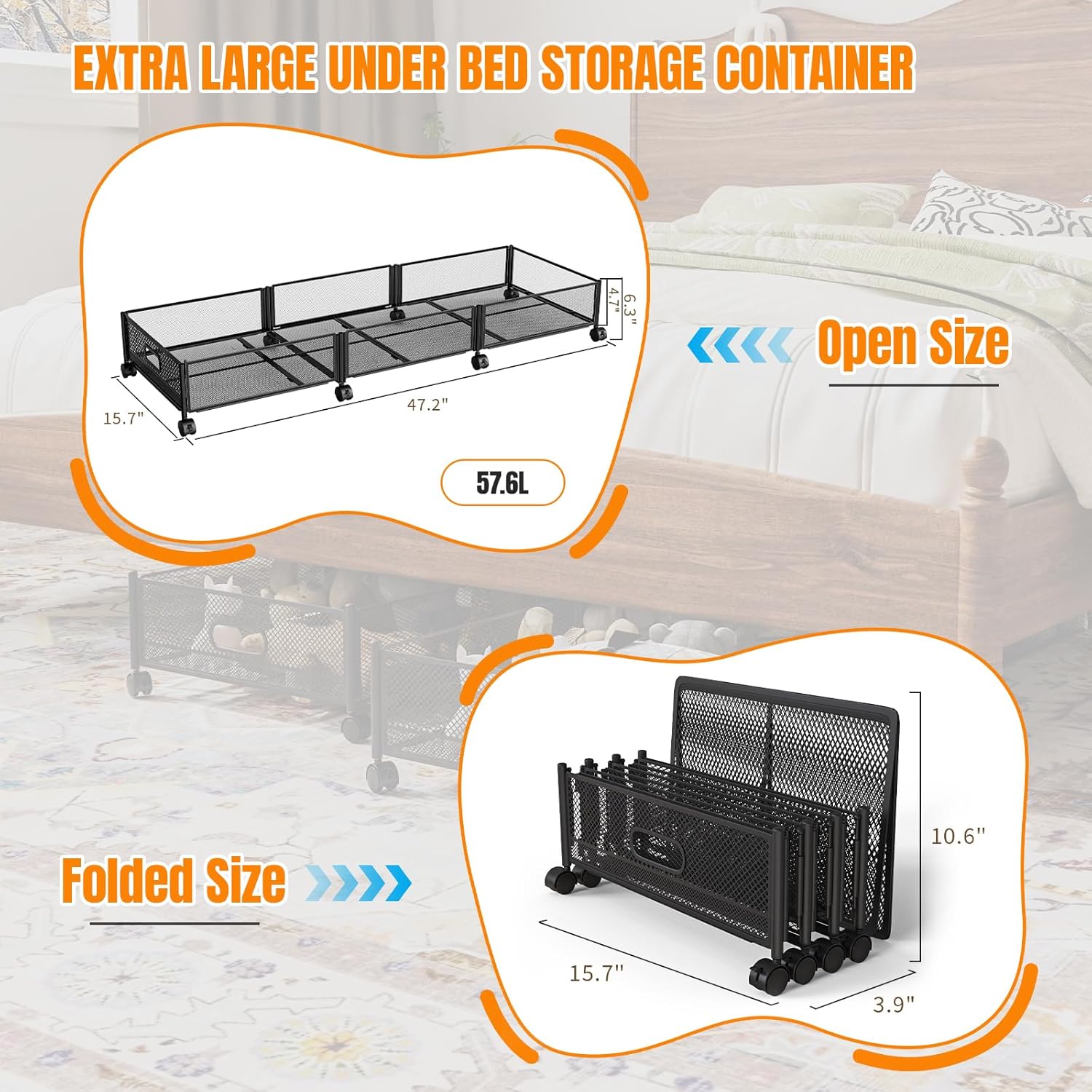 Under Bed Storage With Wheels, 47.2''/90lbs/57.6L, Metal Frame Under Bed Rolling Storage, Tool-Free Assembly Underbed Drawers, Underbed Organizer Containers for Shoes, Clothes and Toys (2 Pack)
