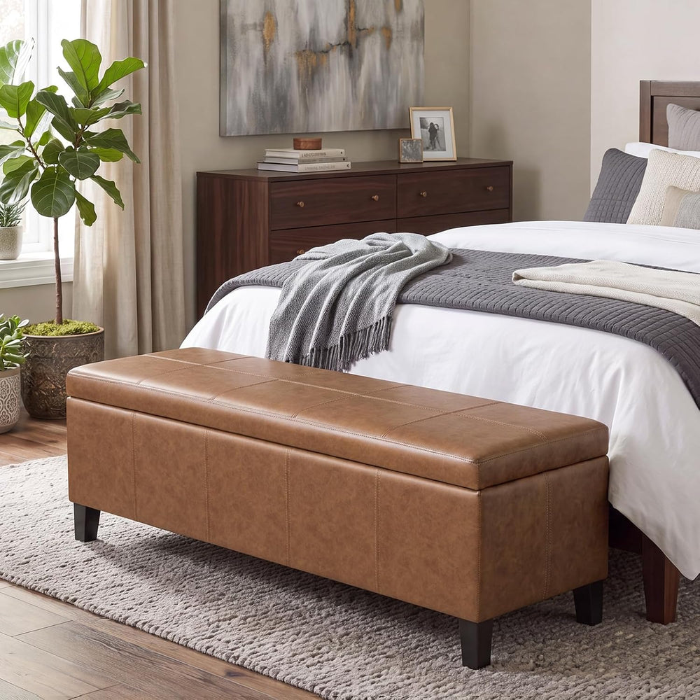 Faux Leather Storage Bench Ottoman, 50 Inch Upholstered Storage Bench with La...