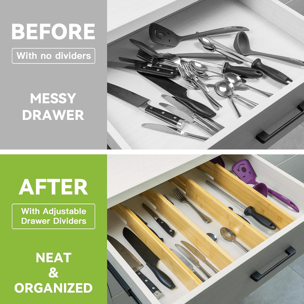 Utoplike Kitchen Drawer Divider, Expandable Bamboo Drawers Organizer 3.2" H | Large Adjustable Spring-Loaded Separators for Spatulas, Utensils, Bedroom & Home Storage, 4pcs, Fit 18"-20.6" Inner Drawer