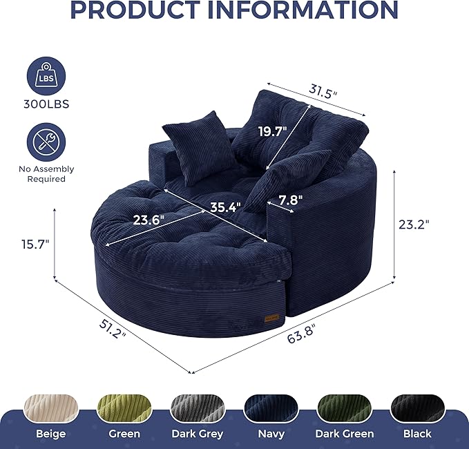 MAXYOYO Modular Sectional Chaise Lounge Sofa, Round Upholstered Lounge Chair with Ottoman, Comfy Couch with Layered Cushion, Tufted Sleeper Chair for Living Room, Navy