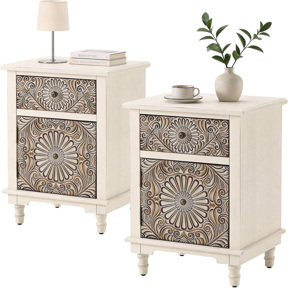 HOMPUS Night Stand Set 2, Vintage Nightstand with Storage, White Nightstand w...