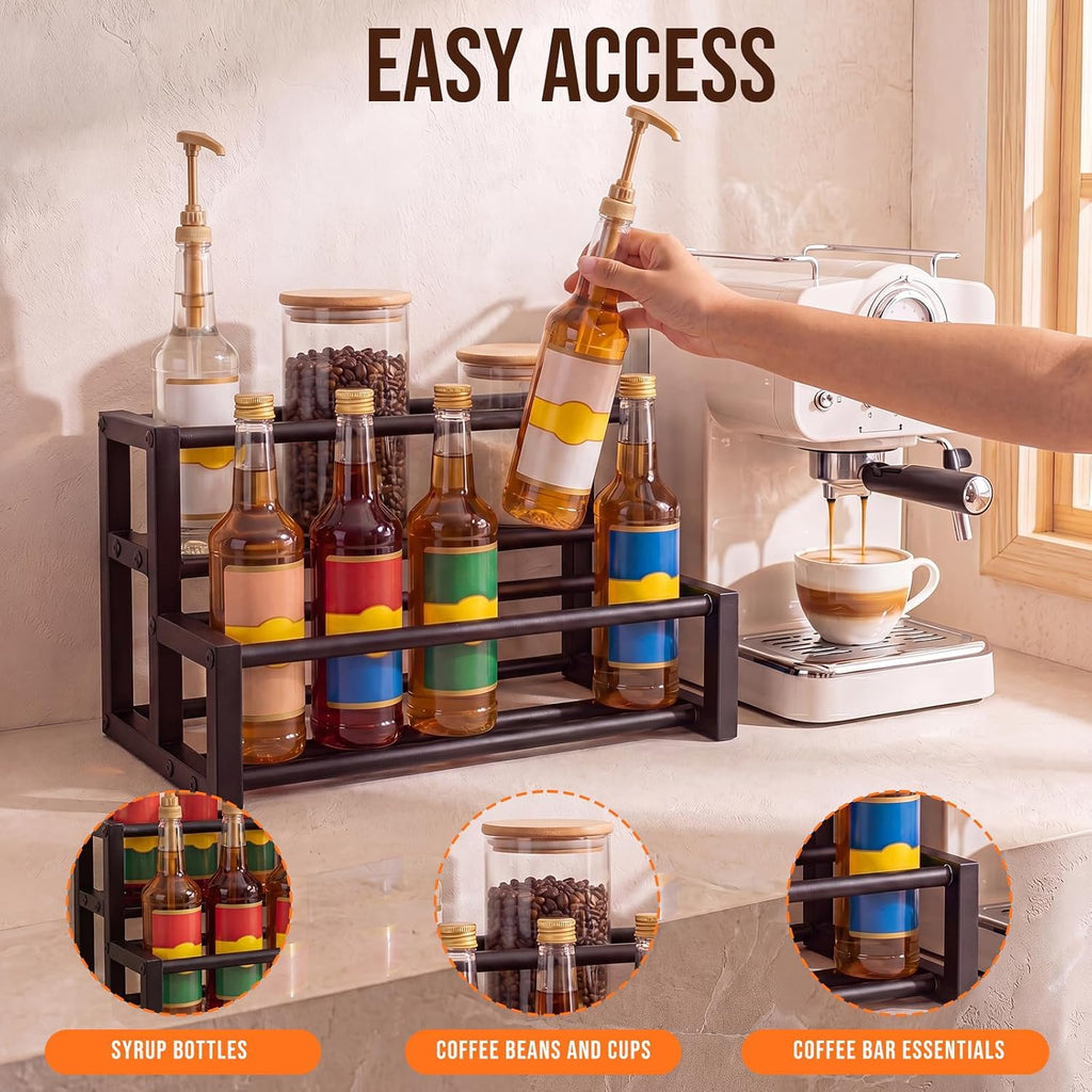 Large Expandable Coffee Syrup Organizer, Syrup Rack for 8-16 Bottles | 17.5 to 29 Inch Adjustable Width, Heavy-Duty Metal Syrup Stand, Countertop Coffee Bar Organizer for Kitchen, Cafe & Home Bar