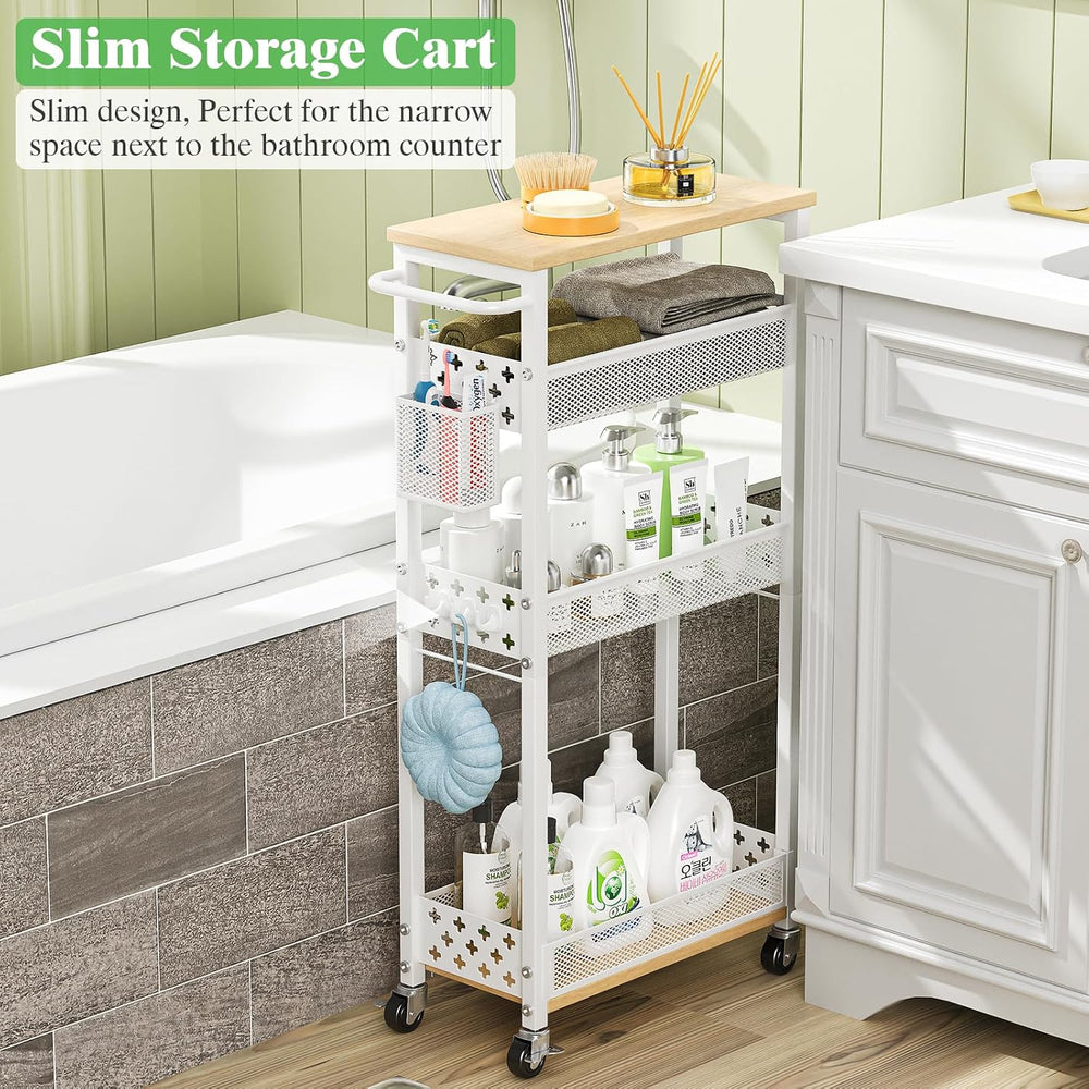 4 Tier Slim Rolling Cart Bathroom Organizer and Storage with Wheels | Narrow ...