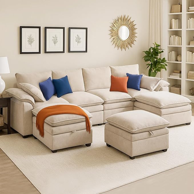 130" U Shaped Modular Sectional Sofa, Couch with Ottoman Storage, Chenille Cloud Couch with Plush Deep Seating for Living Room, Bedroom (Beige, 7 Seat)
