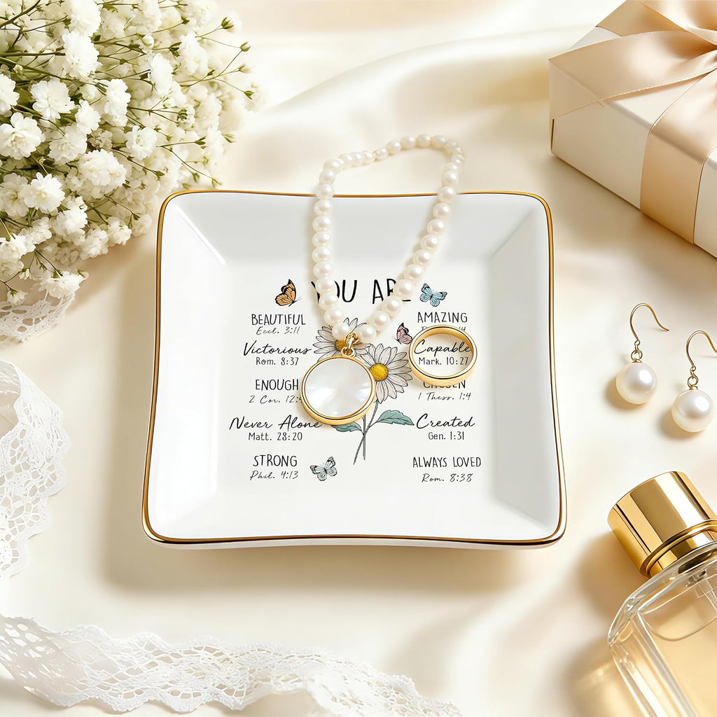 PUDDING CABIN Birthday Gifts for Women, Daisy Scripture Jewelry Dish, Christian Gifts