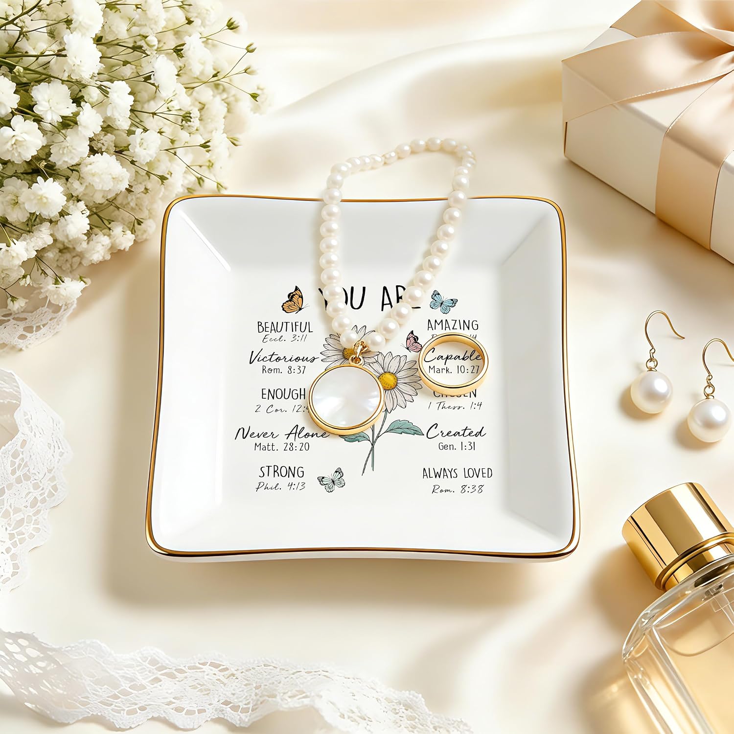 PUDDING CABIN Birthday Gifts for Women, Daisy Scripture Jewelry Dish, Christian Gifts