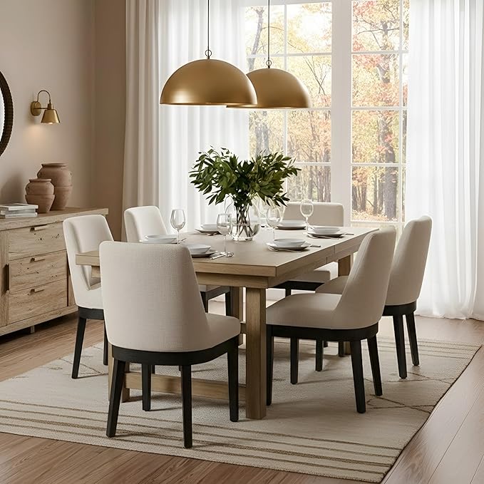 Modern Dining Chairs Set of 6 Comfortable Dining Room Chairs with Back, Linen Fabric Upholstered Kitchen Side Chairs with Black Wood Legs for Living Room, Beige