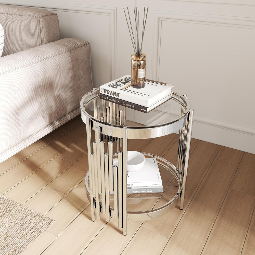 Round Glass End Table, 2-Tier Small Side Table with Tempered Glass Top and Sl...