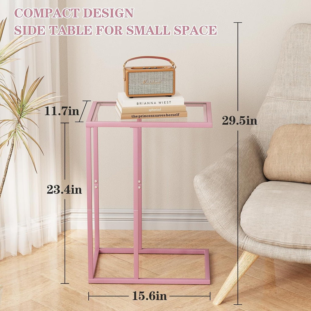 C Shaped End Table, Side End Tables for Living Room,Glass Sofa Couch Table with Metal Frame, Small Tv Tray Snack Dinner Table for Bedroom, Small Spaces, Easy Assembly (Pink)