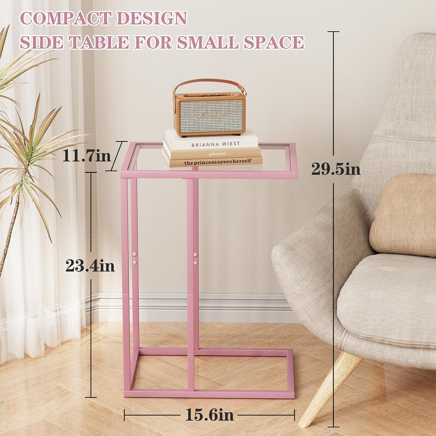 C Shaped End Table, Side End Tables for Living Room,Glass Sofa Couch Table with Metal Frame, Small Tv Tray Snack Dinner Table for Bedroom, Small Spaces, Easy Assembly (Pink)