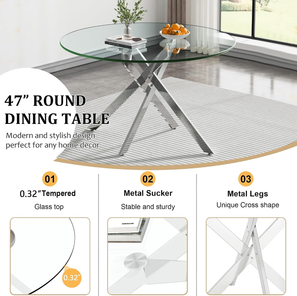 Round Glass Dining Room Table Set for 4, 5-Piece Dining Table Set with 47.2&q...