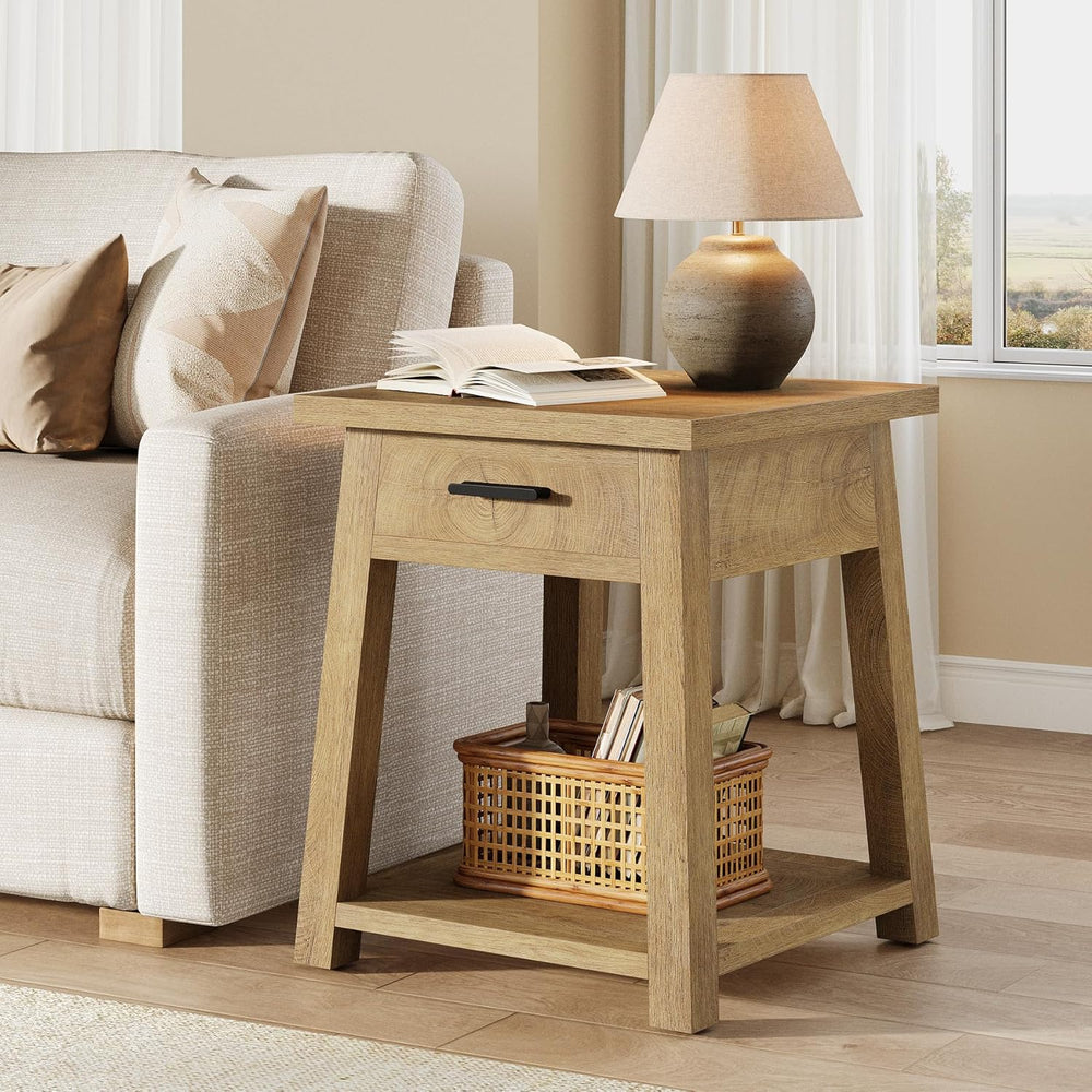 Tribesigns Farmhouse Square Side Table, 2 -Tier Wooden End Table with Drawer,...