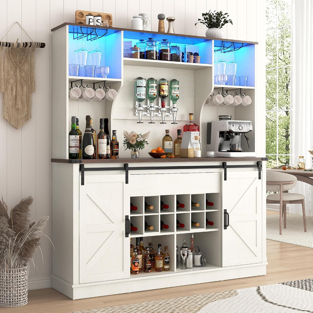 Farmhouse Coffee Bar Cabinet with LED Light, Charging Station & Sliding B...