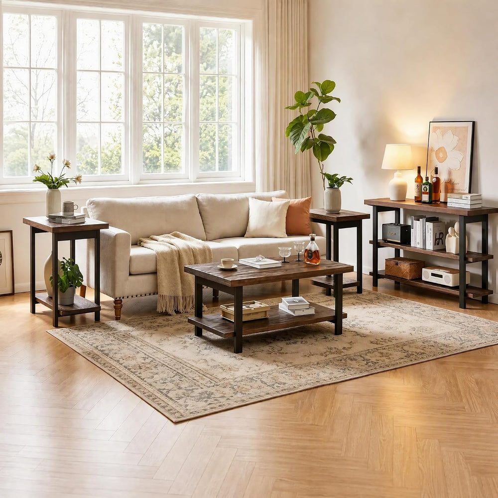 Solid Wood 4 Piece Living Room Table Set, Farmhouse Coffee Console Table and ...