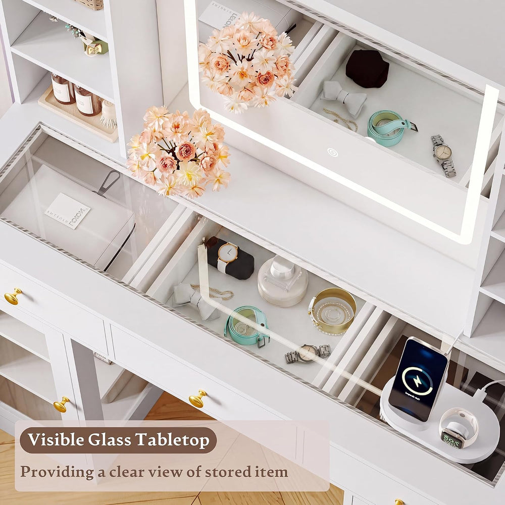 Xixini 43.4" Makeup Vanity Desk with LED Mirror, RGB Glass Cabinets, White